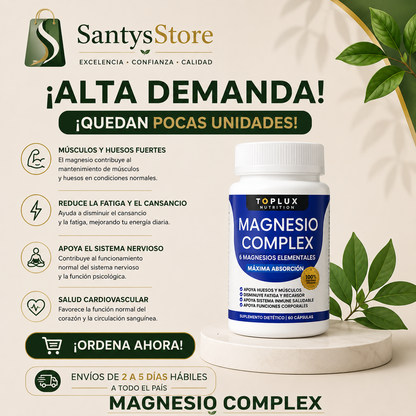 Magnesio Complex 1000mg | 8 Tipos de Magnesio Elemental | Suplemento para Músculos, Energía y Descanso – 60 Cápsulas