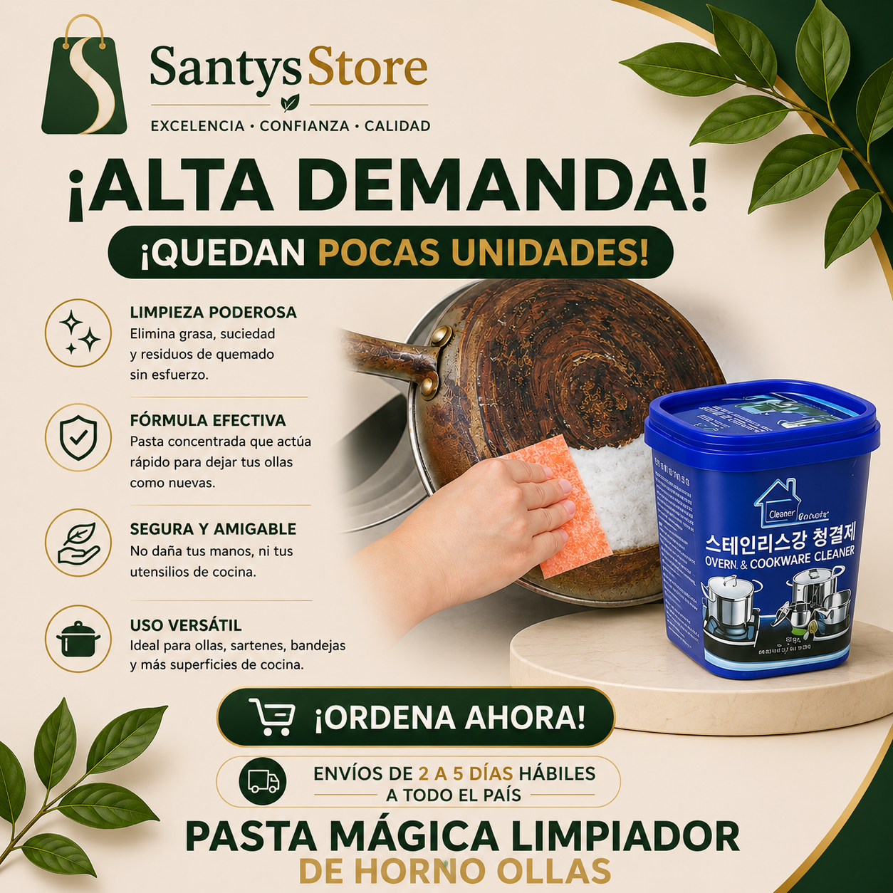 Pasta Mágica Limpiadora Multiuso | Limpiador de Horno, Ollas y Acero Inoxidable – Removedor de Grasa Potente