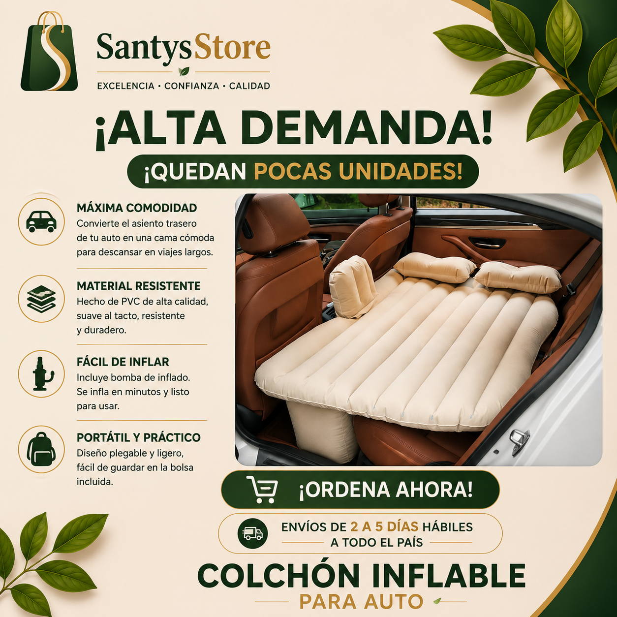 Colchón Inflable para Auto y SUV | Cama Portátil para Asiento Trasero de Carro