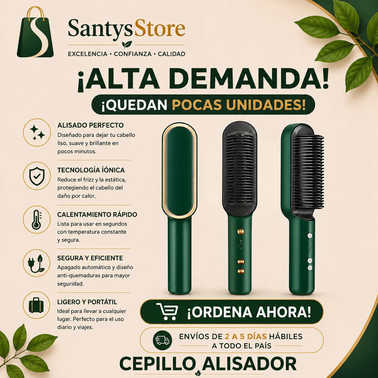 Cepillo Alisante Eléctrico Iónico | Alisa y Peina en Minutos – Control de Frizz