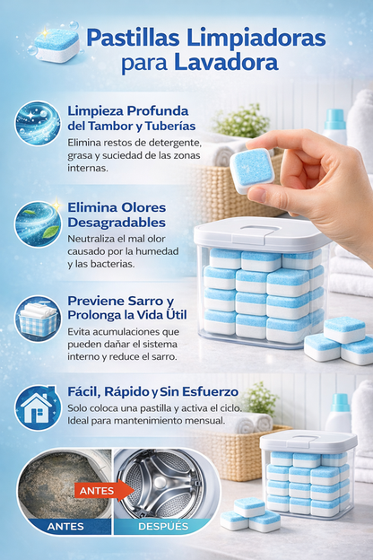 Pastillas para Limpiar Lavadora 12pcs | Tabletas Desinfectantes y Antisarro para Tambor